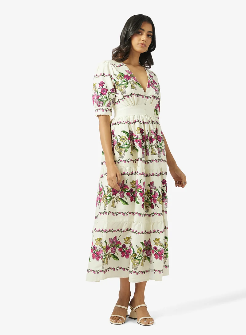 Hope & Ivy V-Neck Full-Skirt Tea Dress With Puff Sleeves